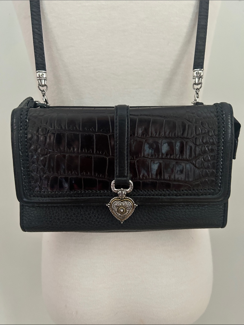 Brighton Small Black Leather Croc-Texture Crossbody Bag/Clutch/Wallet